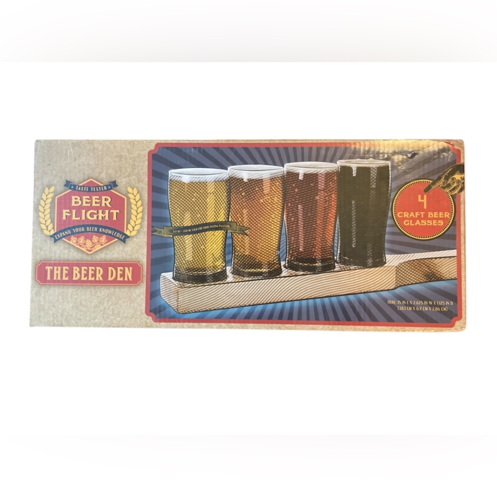 NEW BEER FLIGHT TASTE TESTER 4 CRAFT BEER GLASSES ON WOOD TRAY IN BOX